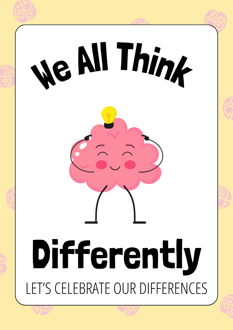 We All Think Differently Neurodiversity Poster in a Yellow Pink Fun Style