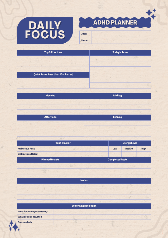 Blue And Beige Minimalist Daily Adhd Planner