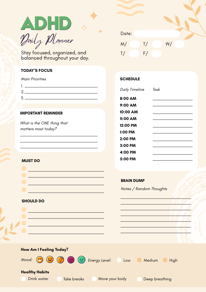 Beige And White Playful ADHD Daily Planner Planner