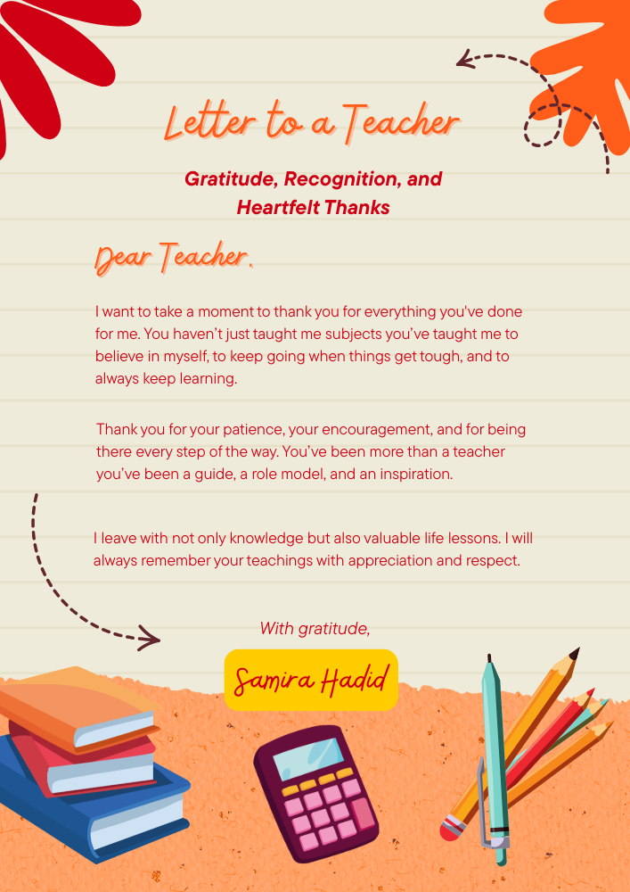 Beige And Orange Playful Heartfelt Teacher Letter