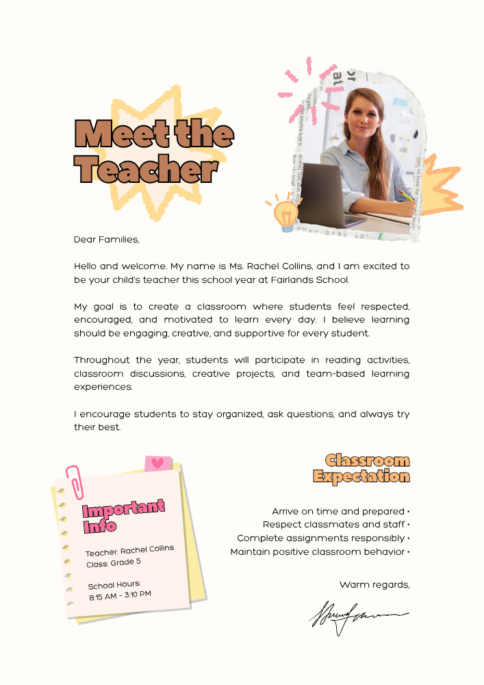 Pink Orange and Brown Modern Meet the Teacher Letter