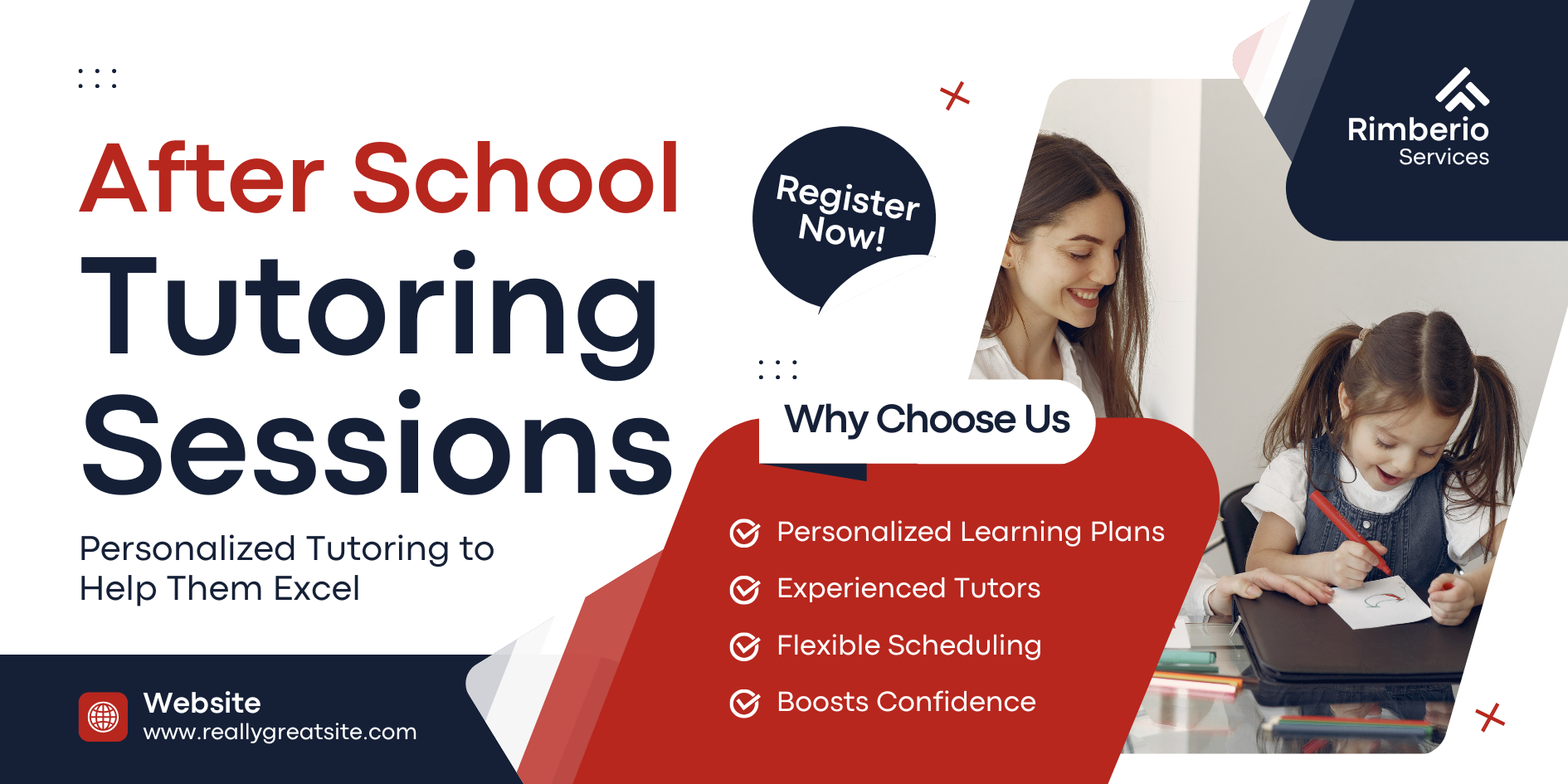 Navy and Red Modern Tutoring Services Banner Landscape