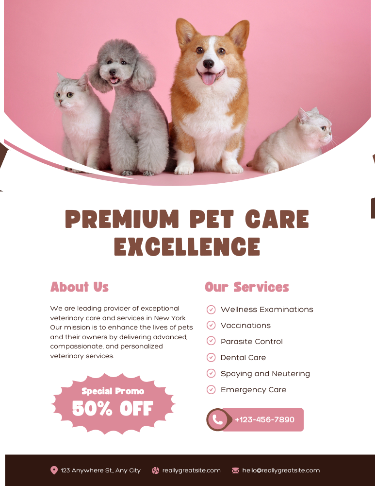 Pink Minimalist Pet Care Service Flyer