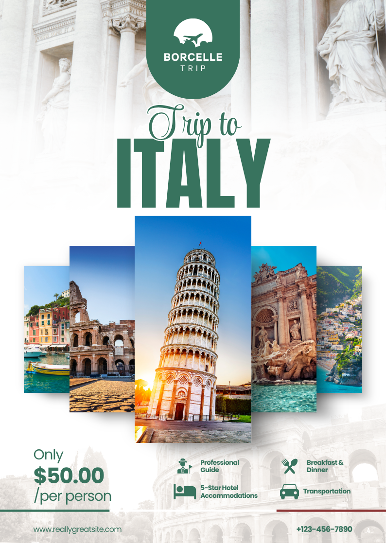 Green and White Illustrative Italy Travel Poster