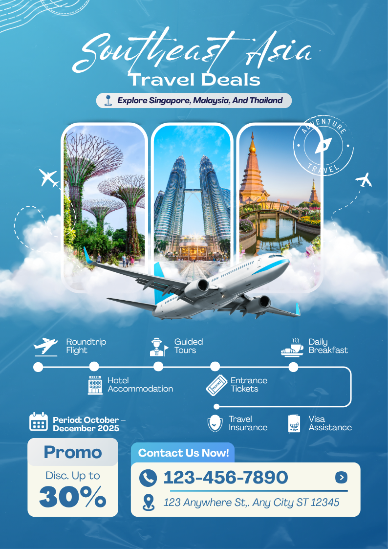 Blue and White Modern Travel Deals Poster