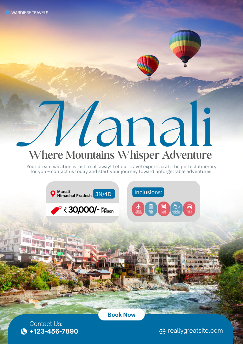 Blue and White Modern Manali Travel Poster