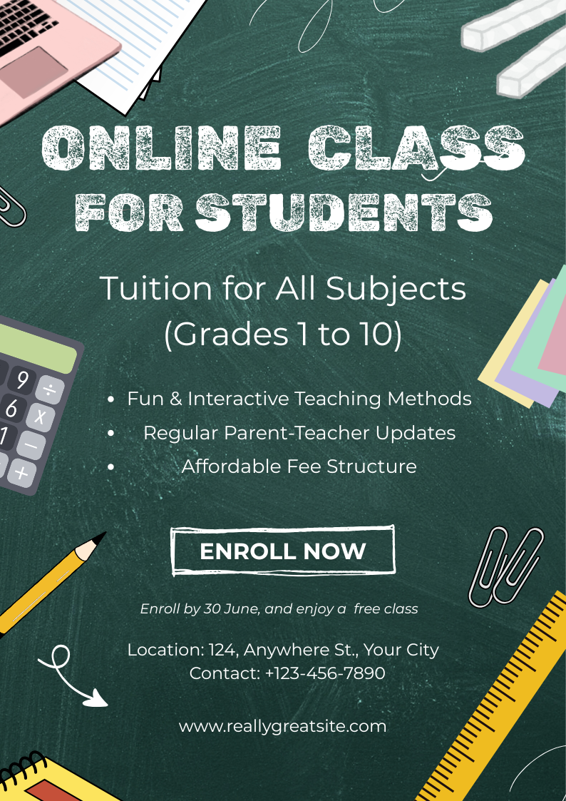Green and Yellow Illustrated Online Class for Students Poster