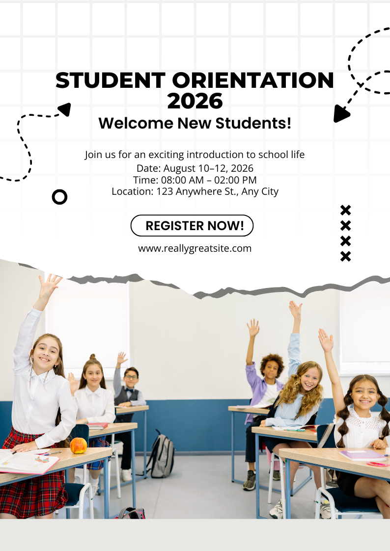 Black and white simple student orientation poster