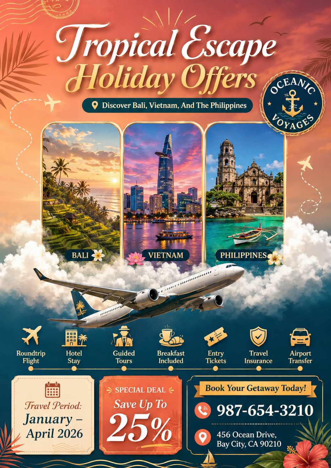 Blue and White Modern Travel Deals Poster