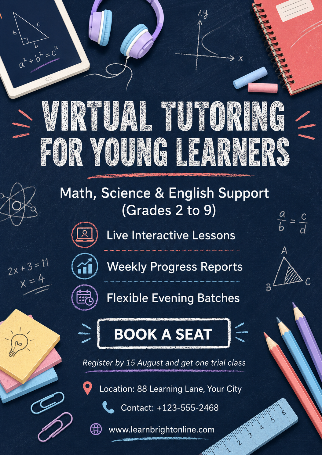 Green and Yellow Illustrated Online Class for Students Poster