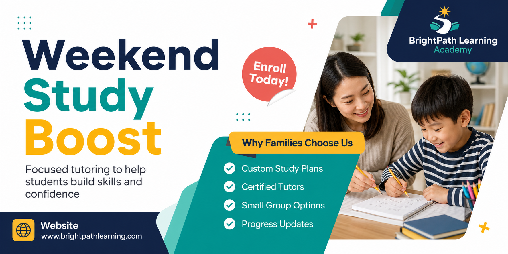 Navy and Red Modern Tutoring Services Banner Landscape