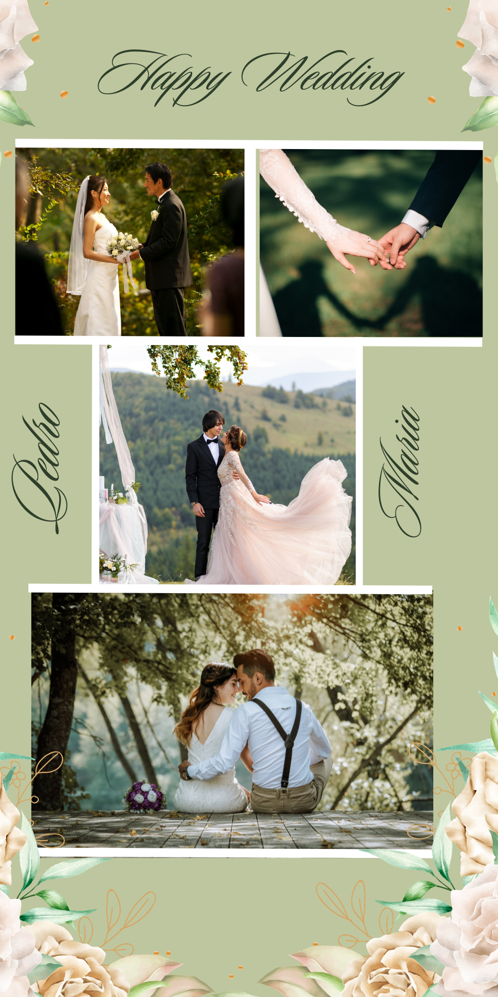 Green Simple Happy Wedding Photo Collage — A collection of Canva templates for wedding photo collages, featuring a green and simple design. Ideal for couples creat