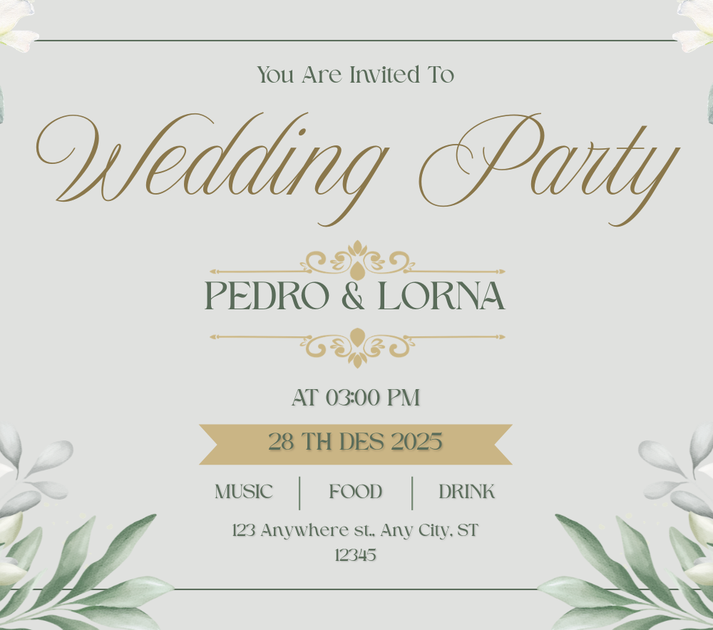 Green and White Watercolor Wedding Party A4 (Landscape) — A set of A4 landscape Canva templates for wedding party materials, featuring green and white watercolor designs. Suitabl