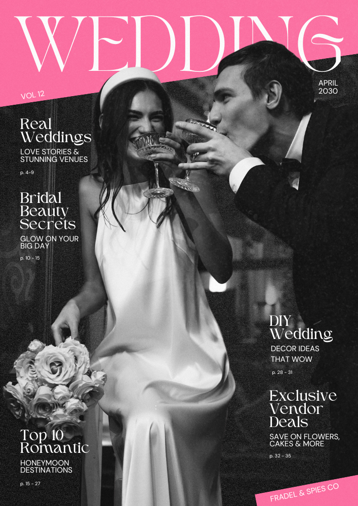 Pink and Black Modern Wedding Magazine Cover — A Canva template pack for creating a modern wedding magazine cover in pink and black, ideal for event planners or brides