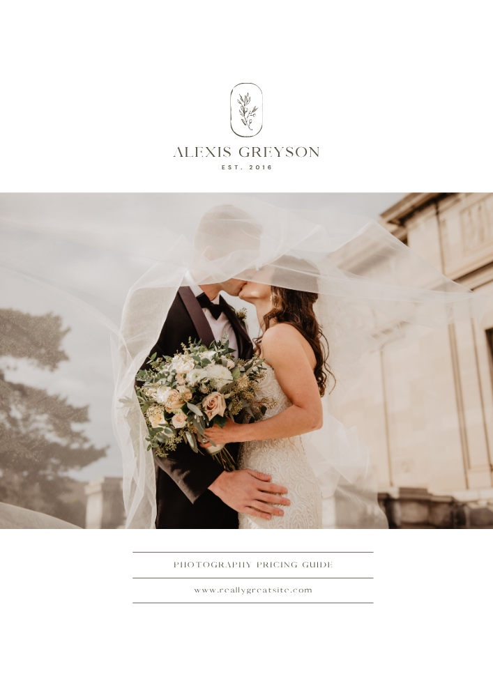 Elegant Wedding Magazine Pricing Guide for Photographers, Florists, & Wedding Planners — A Canva template pack for wedding professionals to create pricing guides. Includes magazine-style layouts for photograph