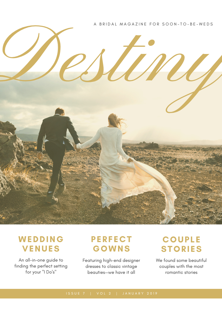 Gold Wedding Script Marriage Magazine — A set of Canva templates for wedding magazines, featuring gold script typography. Designed for couples or planners creat