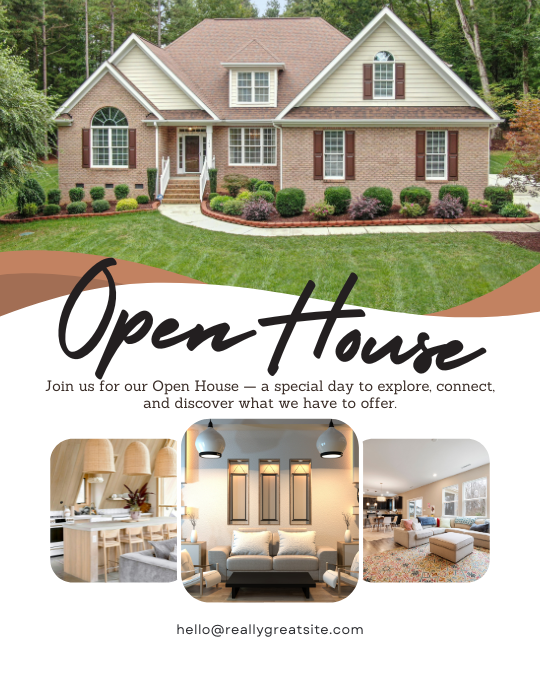 Brown and White Modern Open House Instagram Post — A set of Canva templates for real estate agents to promote open houses on Instagram. Features a brown and white modern d