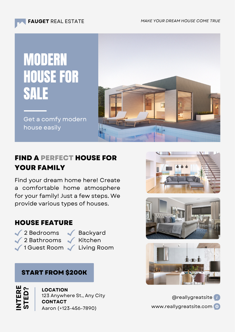 Blue Minimalist Real Estate for Sale Poster — A set of Canva templates for creating minimalist real estate for-sale posters. Designed for real estate agents and prope