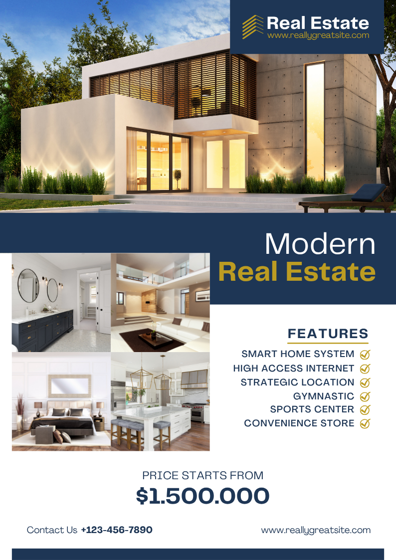 Blue Modern Real Estate Poster — A set of Canva templates for real estate professionals. Features a blue modern design for property posters. Suitable for