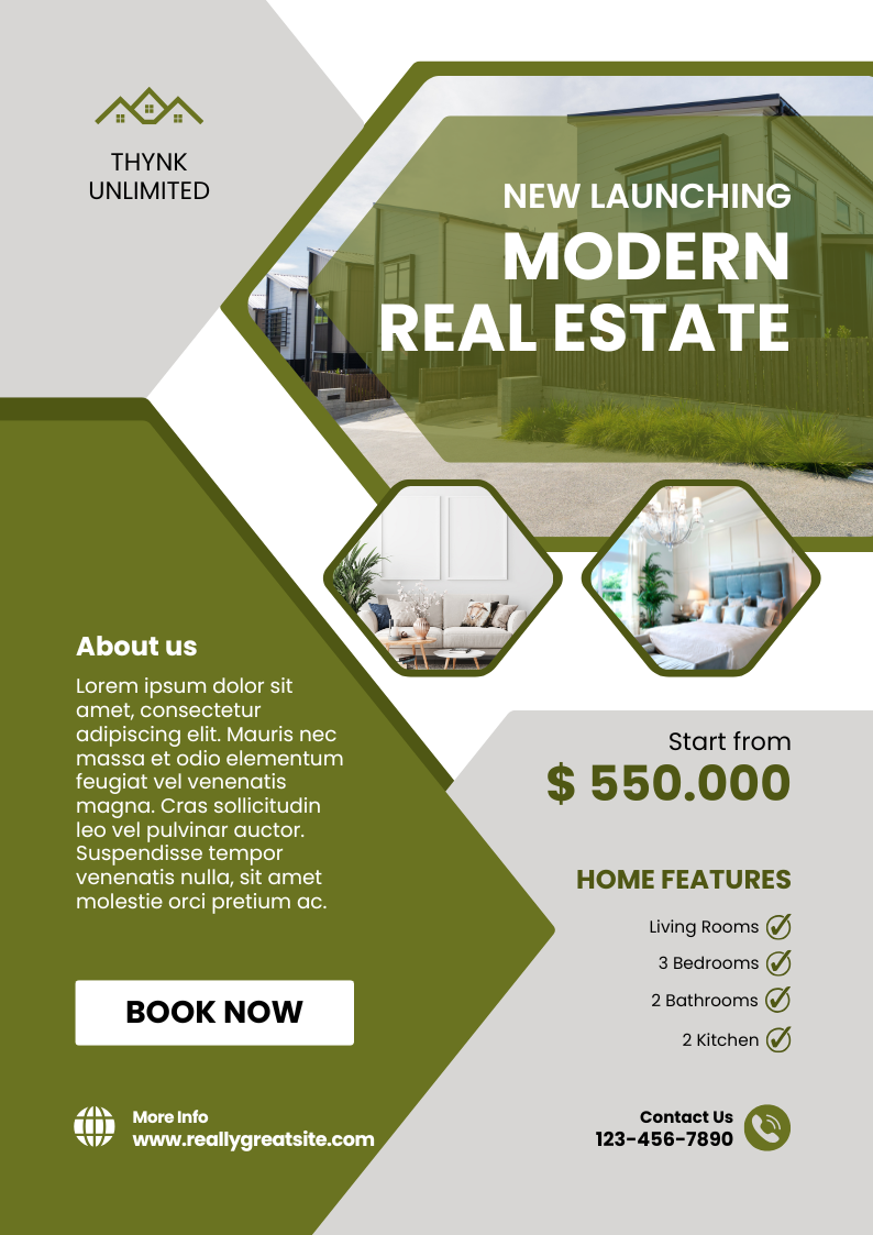 Green and White Minimalist Modern Real Estate Flyer — A set of Canva templates for real estate flyers in a green and white minimalist modern style, designed for agents seekin