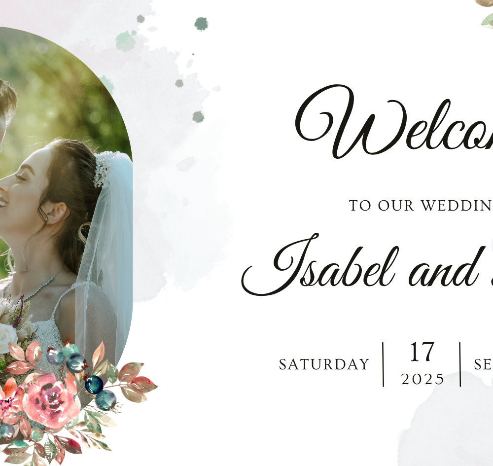Green Watercolor Leaves Illustration Wedding Reception Banner — A Canva template pack for wedding reception banners, featuring green watercolor leaf illustrations. Designed for couples