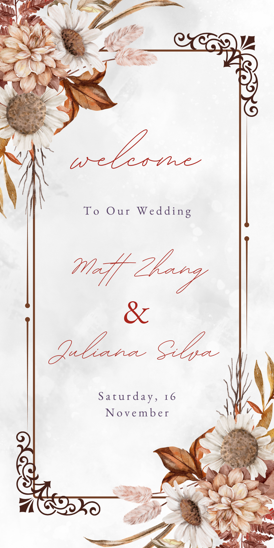 Brown and White Vintage Watercolor Flowers Welcome To Our Wedding Banner — A Canva template pack for wedding banners featuring brown and white vintage watercolor flowers, designed for couples pla