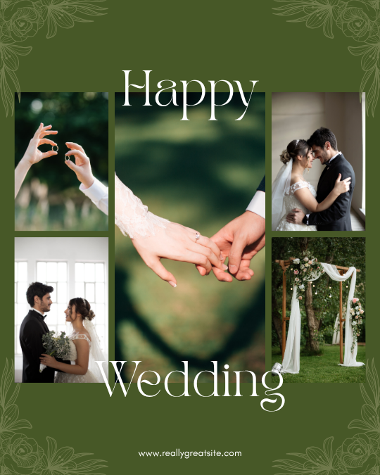 Green and White Vintage Happy Wedding Photo Collage Instagram Post — A Canva template pack for creating vintage-style wedding Instagram posts. Includes green and white photo collage designs