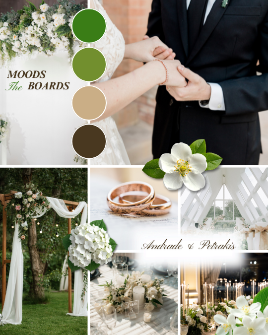 Green And Brown Elegant Wedding Mood Boards Instagram Post — A set of Canva templates for creating elegant wedding mood boards with a green and brown color scheme, designed for Inst