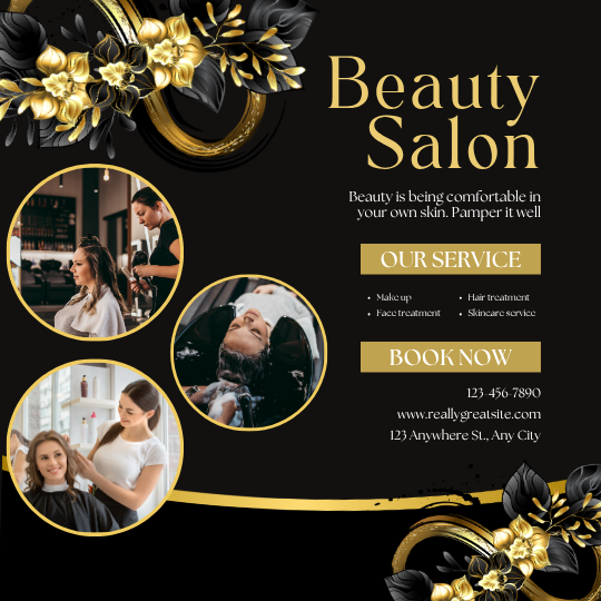 Black and Gold Classy Beauty Salon Instagram Post — A set of Canva templates for beauty salon Instagram posts, featuring black and gold designs. Ideal for salon owners seek