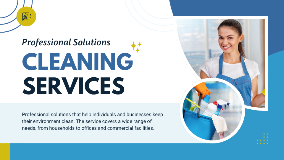 White Blue And Yellow Modern Cleaning Service Presentation — A Canva template pack for cleaning service presentations, featuring a white, blue, and yellow modern design. Ideal for c