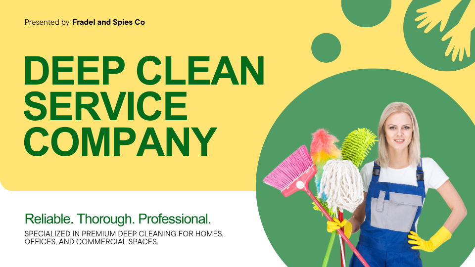 Yellow and Green Modern Cleaning Service Presentation — A Canva template pack with yellow and green slides for carpet cleaning service presentations. Designed for cleaning busi