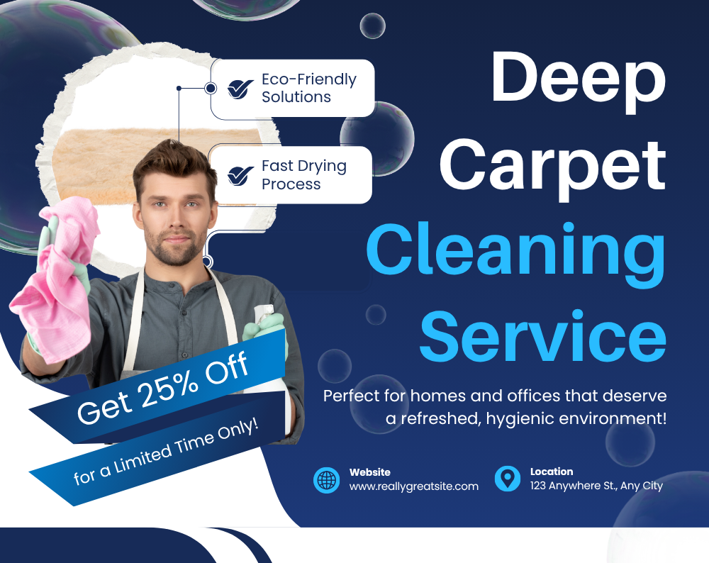 Blue and White Modern Carpet Cleaning Poster — A set of Canva templates for a carpet cleaning business poster. Designed for service providers to create a clean, profes