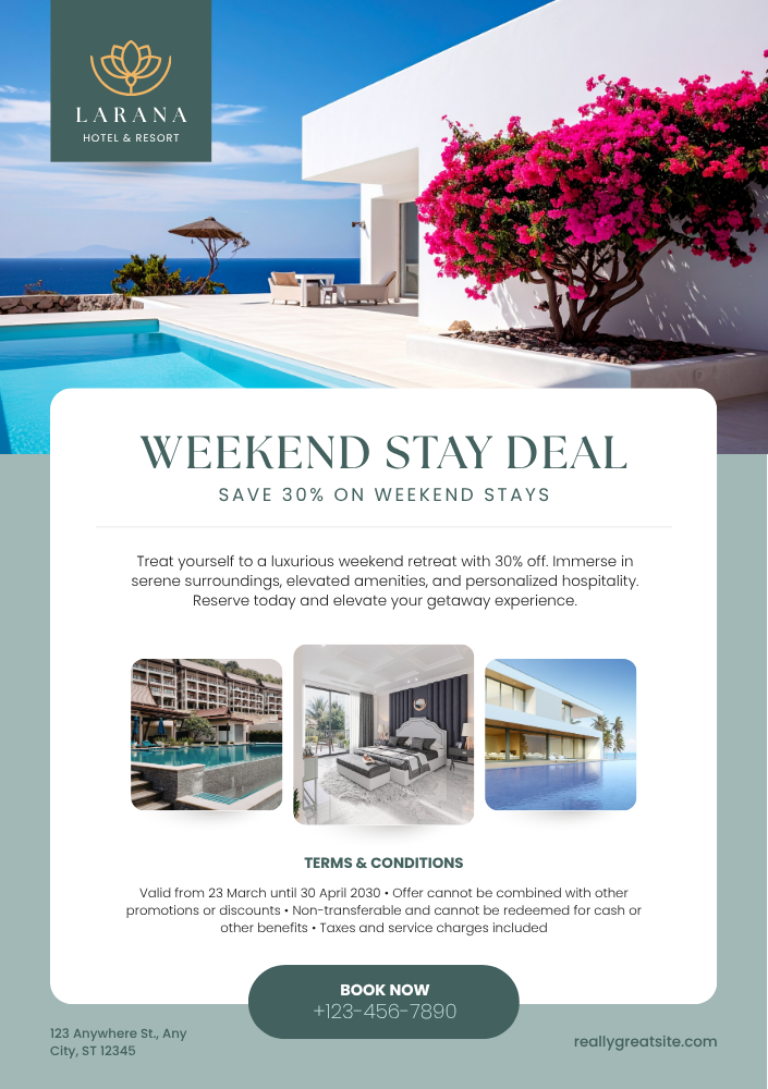 Turquoise Modern Resort Promo Flyer — A set of Canva flyer templates for promoting a modern resort, featuring a turquoise color scheme. Designed for travel ag