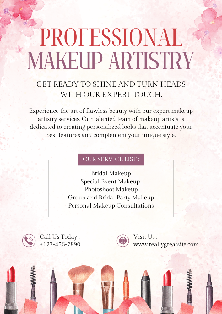 White And Pink Watercolor Makeup Artistry Flyer — A set of Canva flyer templates for makeup artists, featuring white and pink watercolor designs. Ideal for promoting beau