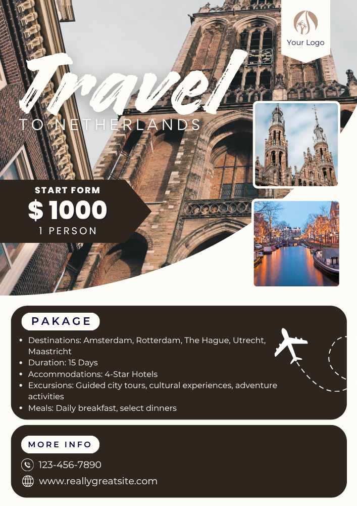 Brown Travel To The World Document A4 Flyer — A set of A4 flyer templates for travel agencies or bloggers, featuring a brown color scheme and world travel theme, desi
