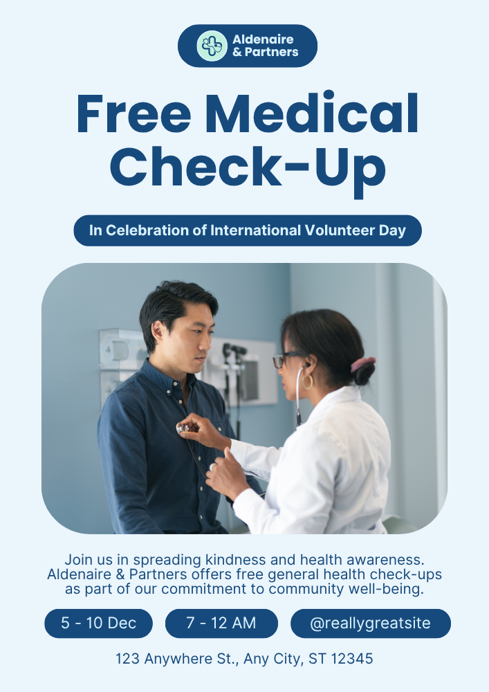 White Blue Free Medical International Volunteer Day Flyer — A Canva flyer template pack for promoting International Volunteer Day, featuring a clean white and blue medical theme. I