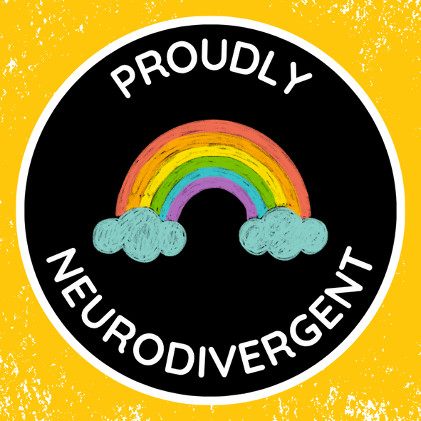 Colorful Rainbow Proudly Neurodivergent Sticker — A Canva template pack for creating colorful rainbow stickers that say 'Proudly Neurodivergent,' designed for individuals