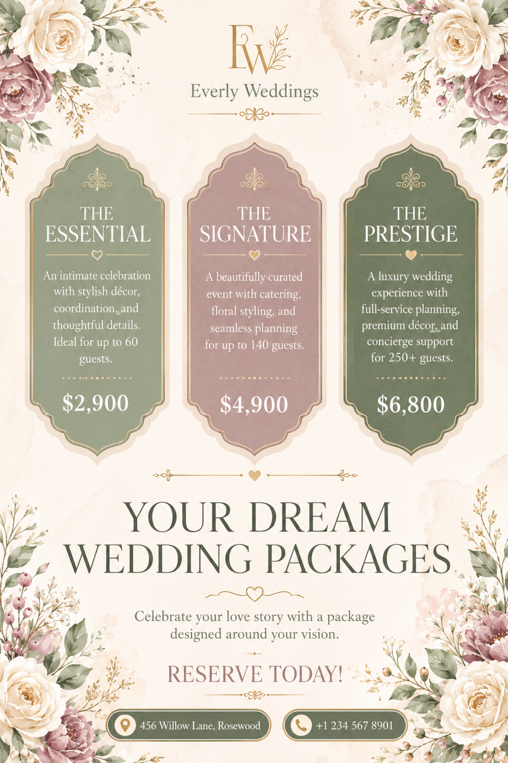 Beige Neutral Floral Wedding Packages Promotion Instagram Post — A set of Canva templates for promoting wedding packages on Instagram, featuring beige neutral floral designs. Ideal for