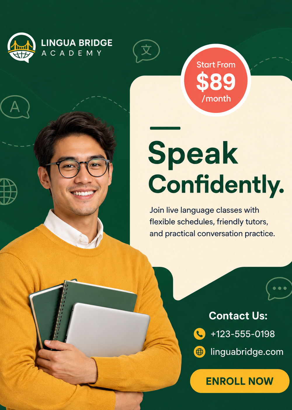 Blue and White Modern Language Learning Classes Instagram Post — A set of Canva templates for Instagram posts, designed for language learning classes. Features a clean blue and white mo