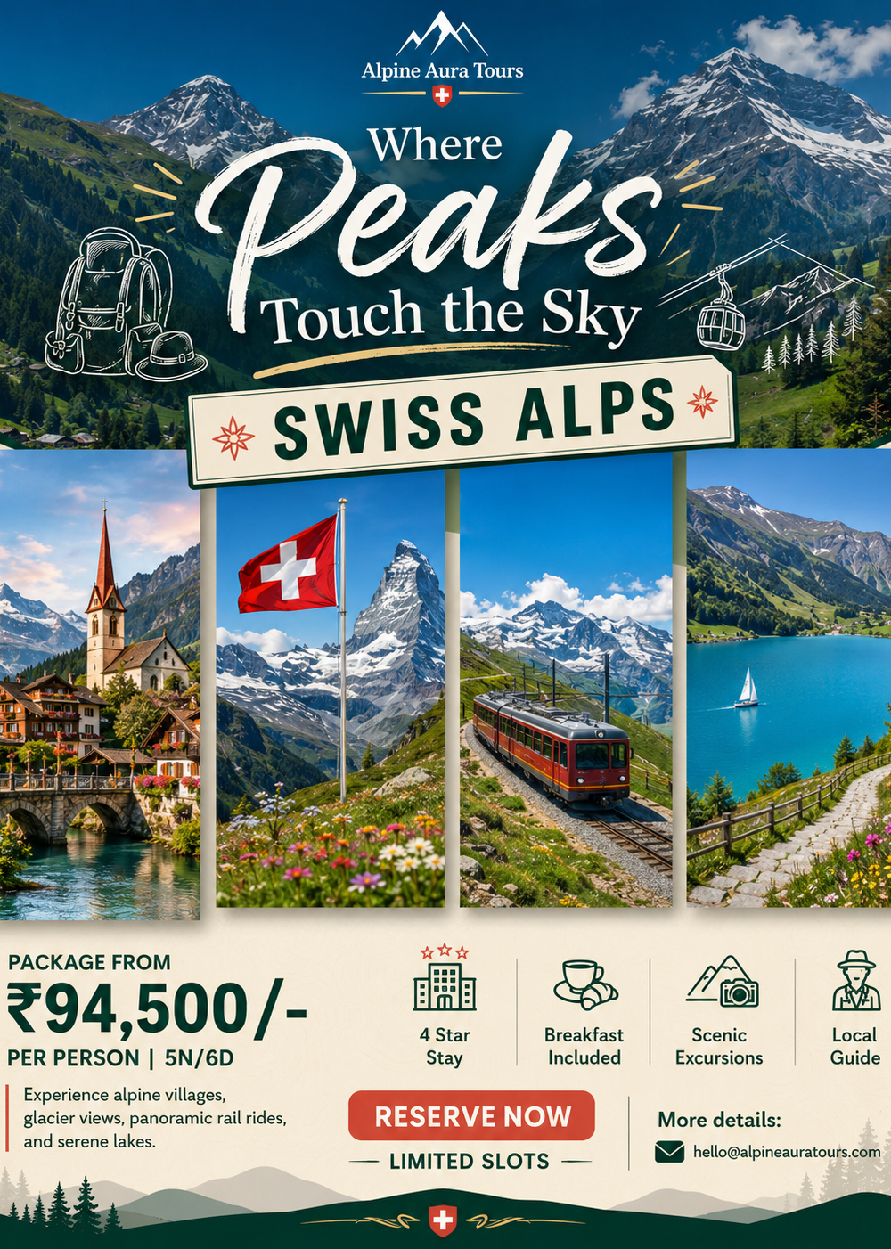 Blue and White Modern Switzerland Travel Instagram Post — A set of Canva templates for creating Instagram posts about travel in Switzerland, featuring a blue and white modern aes