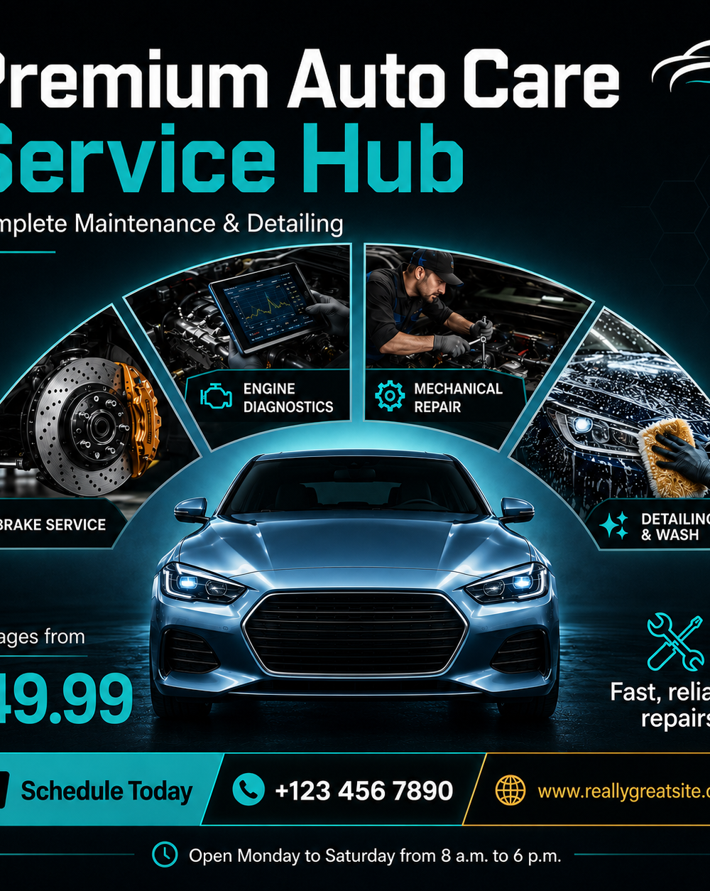Blue Creative Car Service Business Instagram Post — A set of Canva templates for Instagram posts, tailored for car service businesses. Includes blue-toned, creative designs