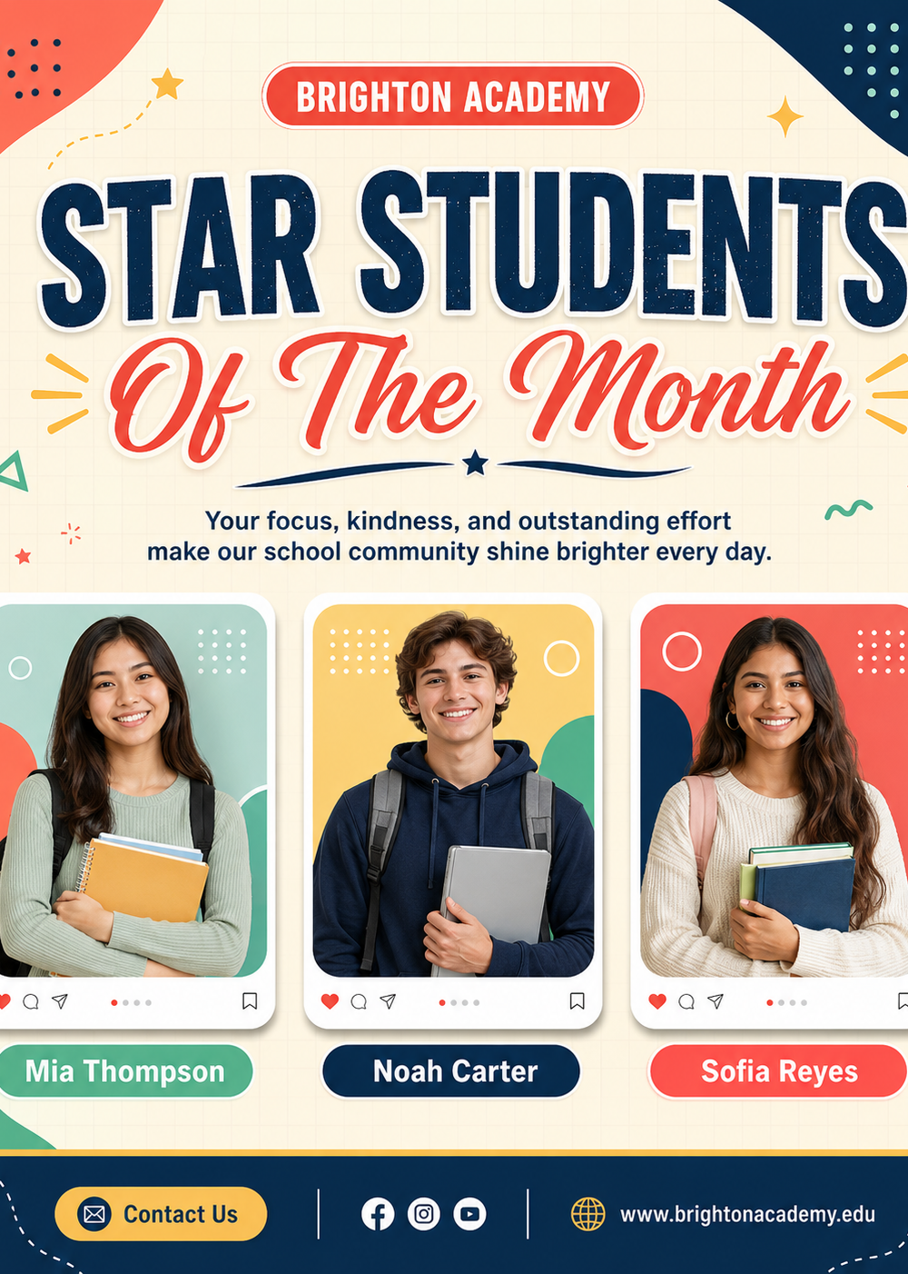 Blue Purple and White Modern Student of the Month Instagram Post — A set of Instagram post templates for recognizing a student of the month, featuring a modern blue, purple, and white des