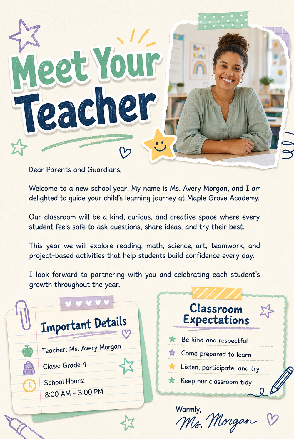 Pink Orange and Brown Modern Meet the Teacher Letter — A Canva template pack for teachers to create a modern 'Meet the Teacher' letter in pink, orange, and brown tones.