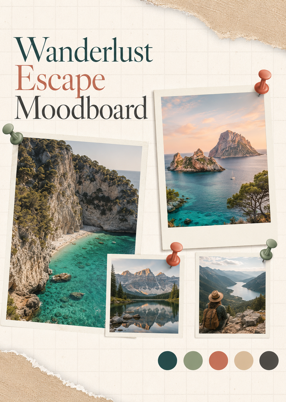 White and Brown Collage Travel Moodboard Inspiration Instagram Post — A Canva template pack for creating Instagram posts with a white and brown collage travel moodboard aesthetic, ideal for 