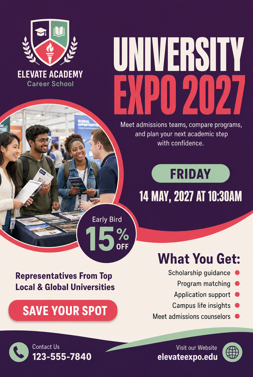 White And Dark Teal Modern College Fair Poster — A modern college fair poster template for students, featuring a clean white and dark teal color scheme. Ideal for promot