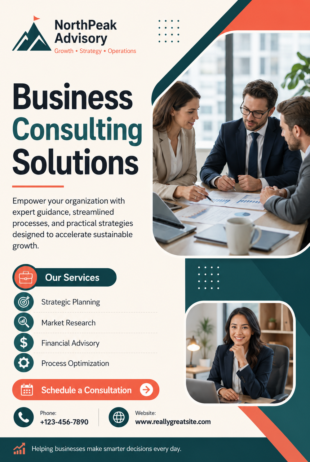 White Blue Modern Business Consultant Services Poster — A modern Canva poster template for business consultants, featuring a clean white and blue design. Ideal for promoting co